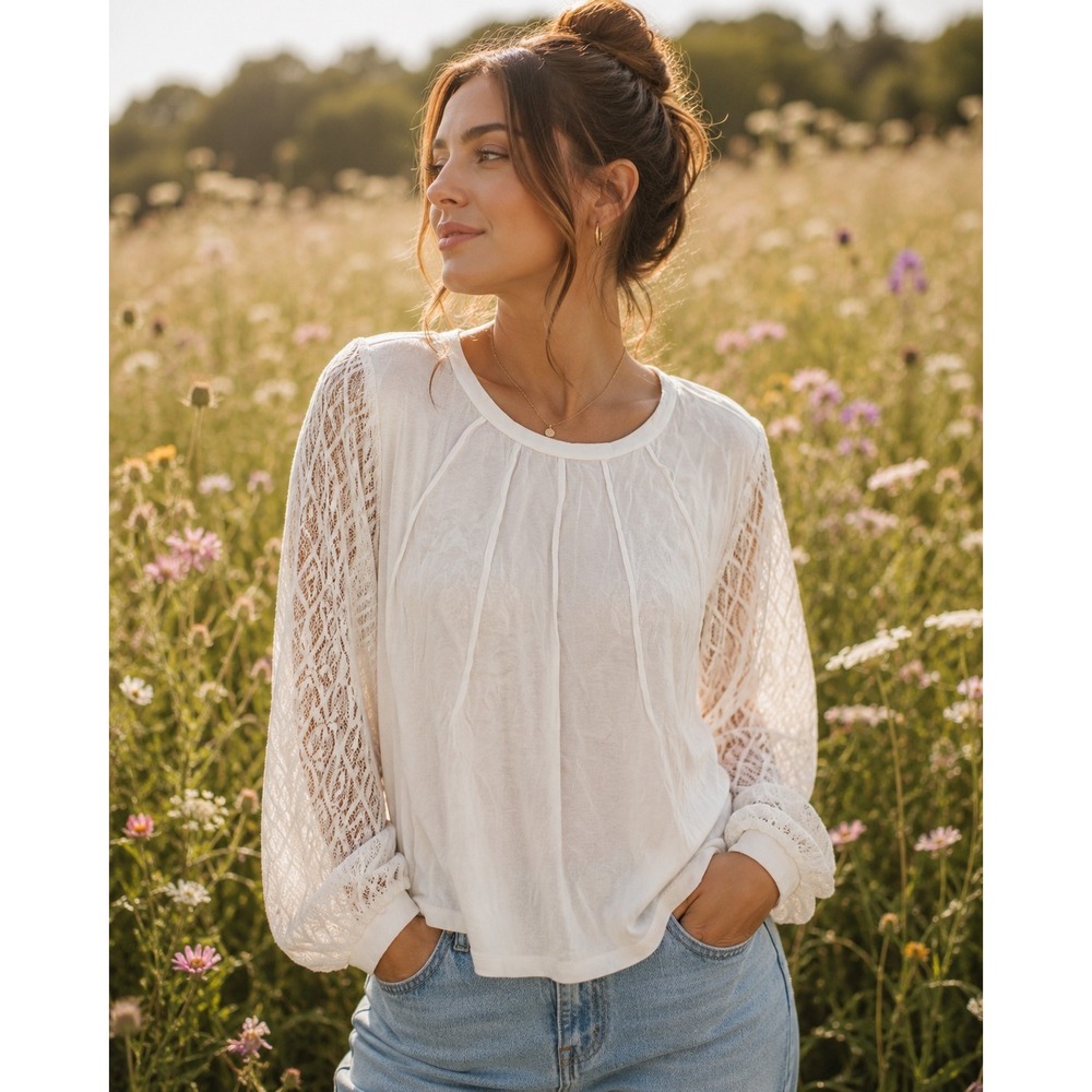 Boho Lace Sleeve Soft‎ Girl Cottagecore Romantic Peasant Feminine Top Ivory SZ M